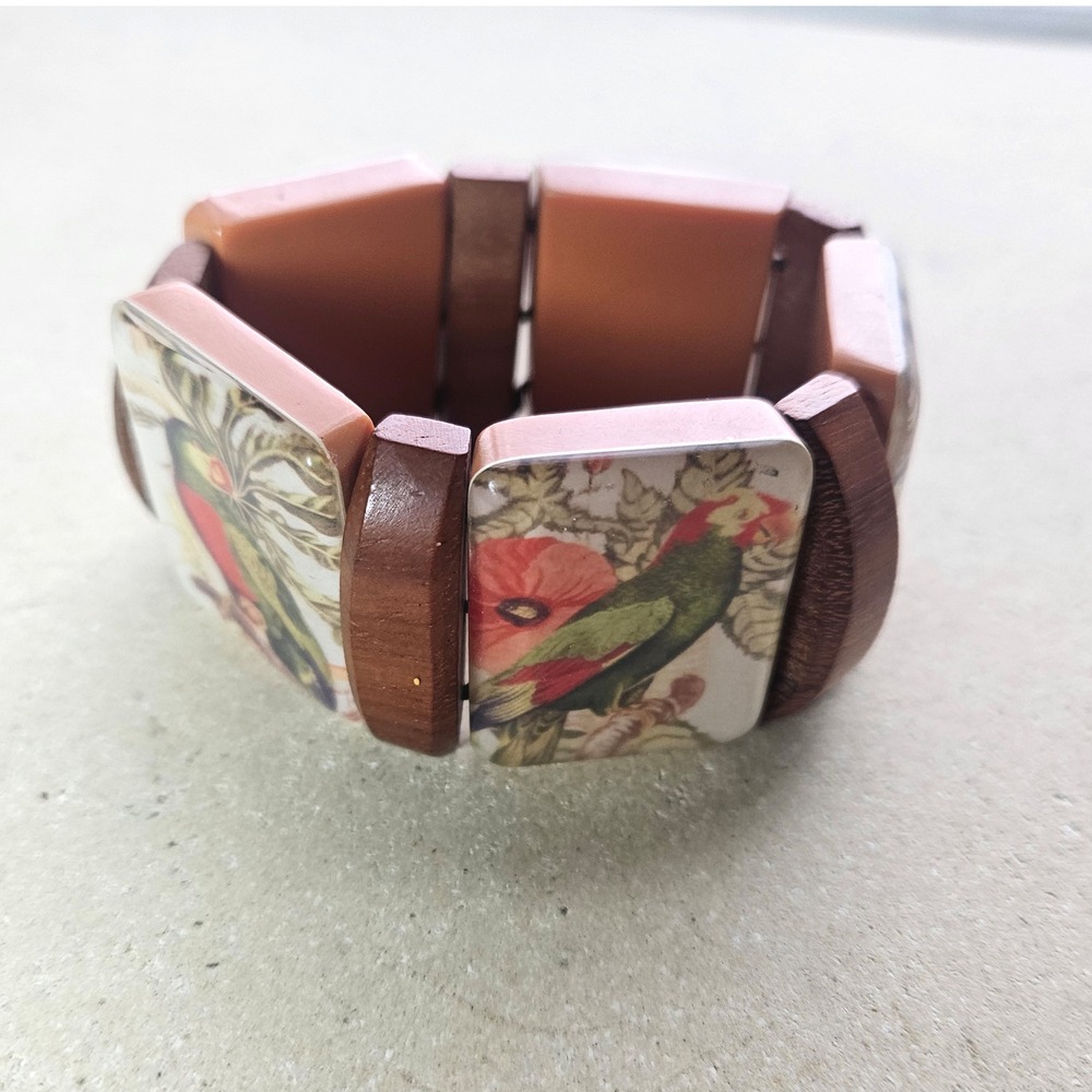 Vtg 50s 60s Wood Resin Parrot Bird Stretch Bracelet Tropical Hawaiian Brown - Picture 4 of 5
